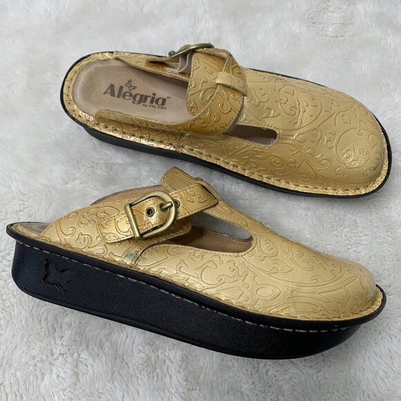 Alegria ALG-513 Women's Classic Beige Gold Leather Mules Slip On Clogs Size 39 - Picture 4 of 13